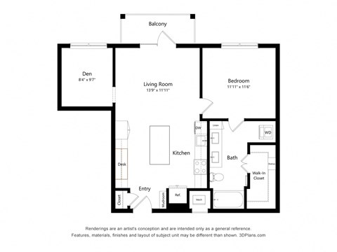 Floor plan for 1 bed, 1 bath, 855 sqft